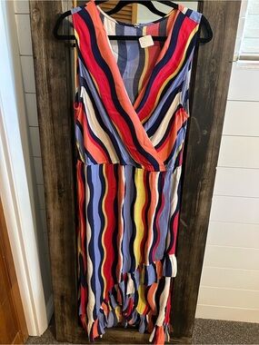 Plenty by Tracy Reese Wrap Hi Low Midi Dress Women’s L Colorful Stripe Boho